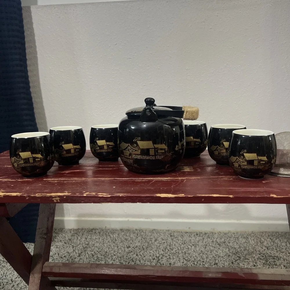 Vintage Dujust Japanese Tea Pot & 6 Cups Black & Gold House & Tree‎ Design